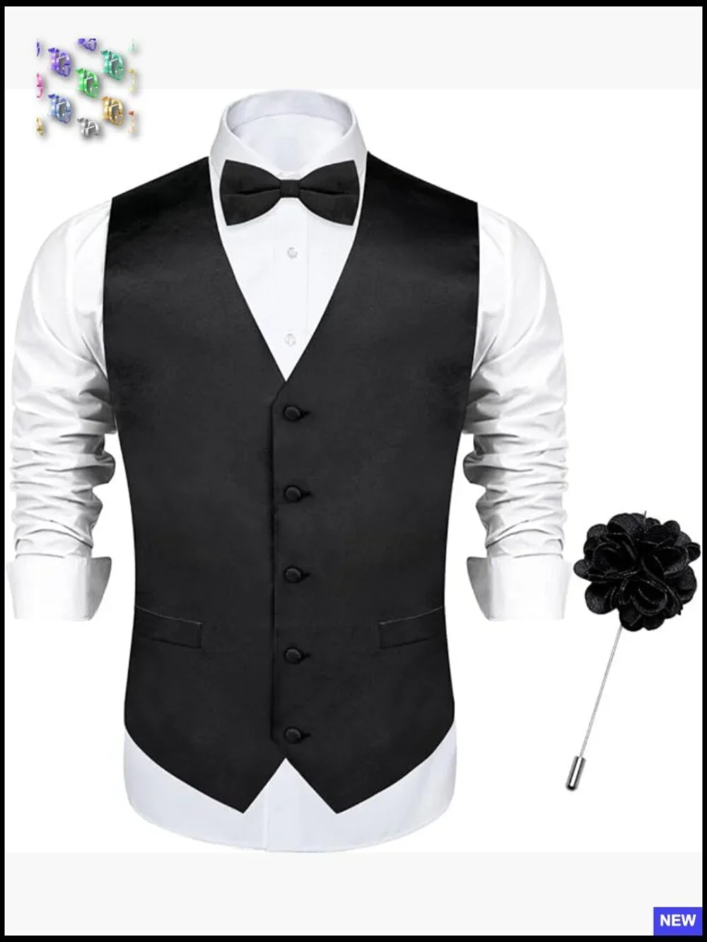 Satin Vest Bowtie Lapel Pin Set Classic Elegant Formal Wedding Party Wear